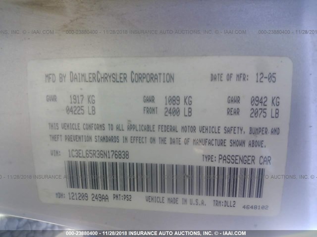 1C3EL65R36N176838 - 2006 CHRYSLER SEBRING LIMITED SILVER photo 9