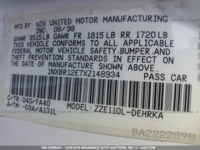 1NXBR12E7XZ148934 - 1999 TOYOTA COROLLA VE/CE/LE 白色 照片 9