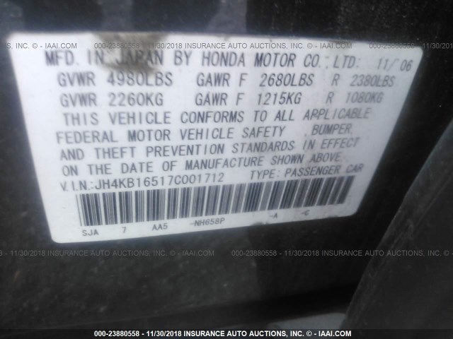 JH4KB16517C001712 - 2007 ACURA RL GRAY photo 9