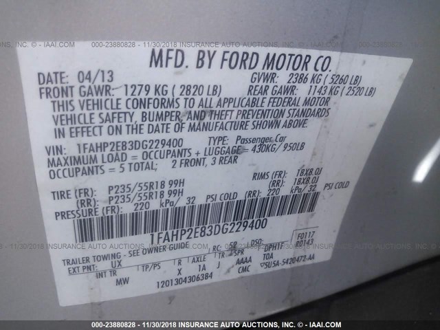 1FAHP2E83DG229400 - 2013 FORD TAURUS SEL SILVER photo 9