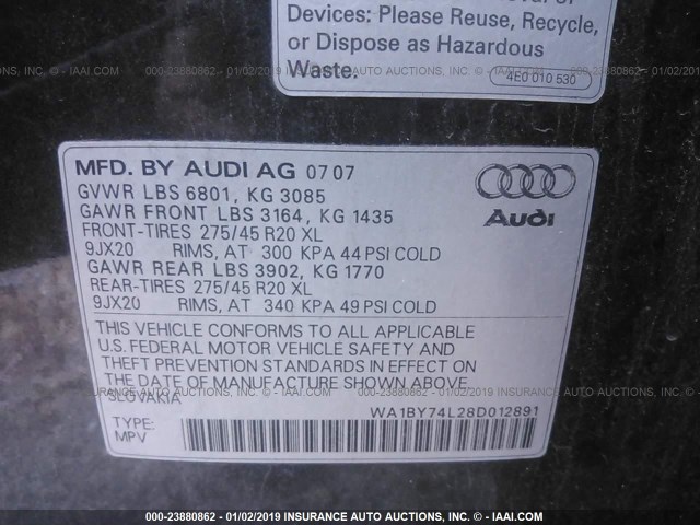 WA1BY74L28D012891 - 2008 AUDI Q7 3.6 QUATTRO PREMIUM GRAY photo 9