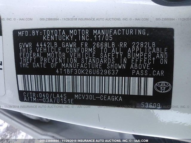 4T1BF30K26U629637 - 2006 TOYOTA CAMRY LE/XLE/SE WHITE photo 9