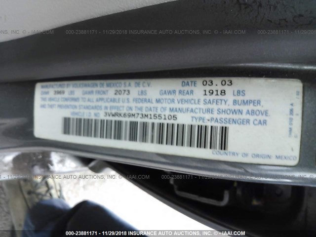 3VWRK69M73M155105 - 2003 VOLKSWAGEN JETTA GL GRAY photo 9