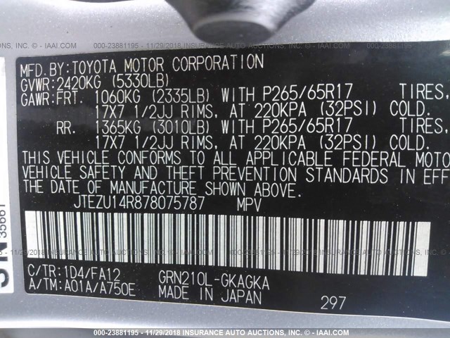 JTEZU14R878075787 - 2007 TOYOTA 4RUNNER SR5/SPORT SILVER photo 9