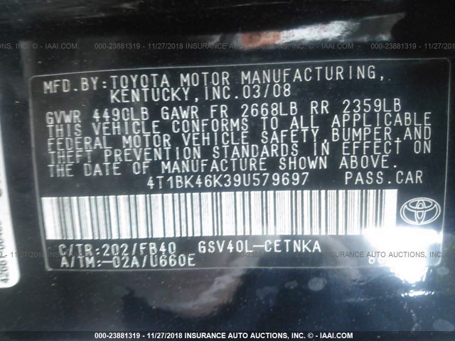 4T1BK46K39U579697 - 2009 TOYOTA CAMRY SE/LE/XLE BLACK photo 9