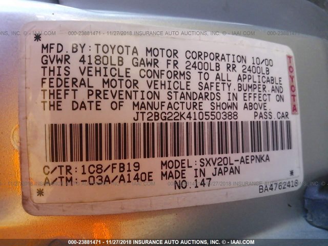 JT2BG22K410550388 - 2001 TOYOTA CAMRY CE/LE/XLE SILVER photo 9