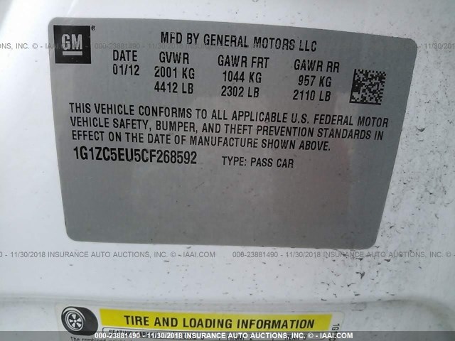 1G1ZC5EU5CF268592 - 2012 CHEVROLET MALIBU 1LT WHITE photo 9