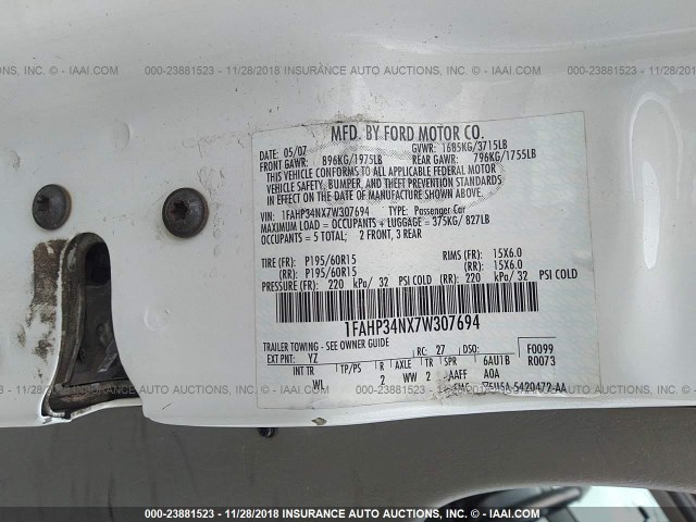 1FAHP34NX7W307694 - 2007 FORD FOCUS ZX4/S/SE/SES თეთრი ფოტო 9