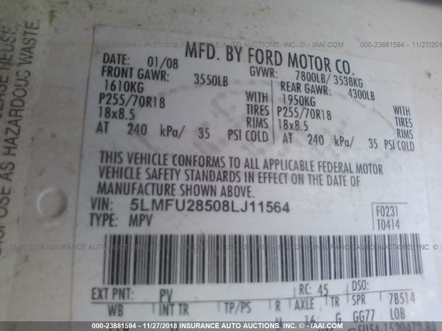 5LMFU28508LJ11564 - 2008 LINCOLN NAVIGATOR Ақ фото 9