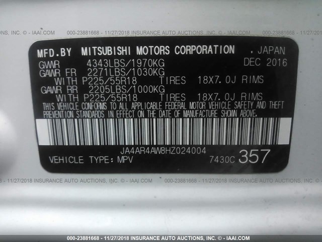 JA4AR4AW8HZ024004 - 2017 MITSUBISHI OUTLANDER SPORT  WHITE photo 9