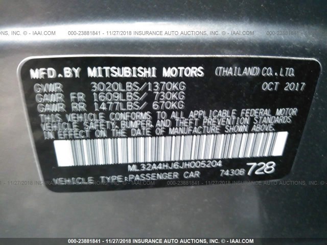 ML32A4HJ6JH005204 - 2018 MITSUBISHI MIRAGE SILVER photo 9