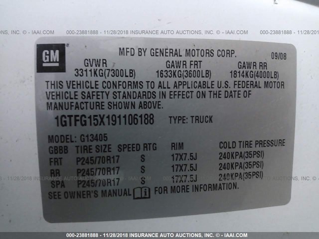 1GTFG15X191106188 - 2009 GMC SAVANA G1500 WHITE photo 9