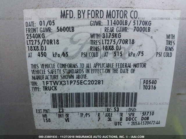 1FTWX31P75EC20281 - 2005 FORD F350 SRW SUPER DUTY SILVER photo 9