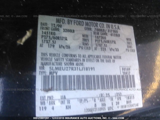 5LMEU27R31LJ18191 - 2001 LINCOLN NAVIGATOR Қара фото 9