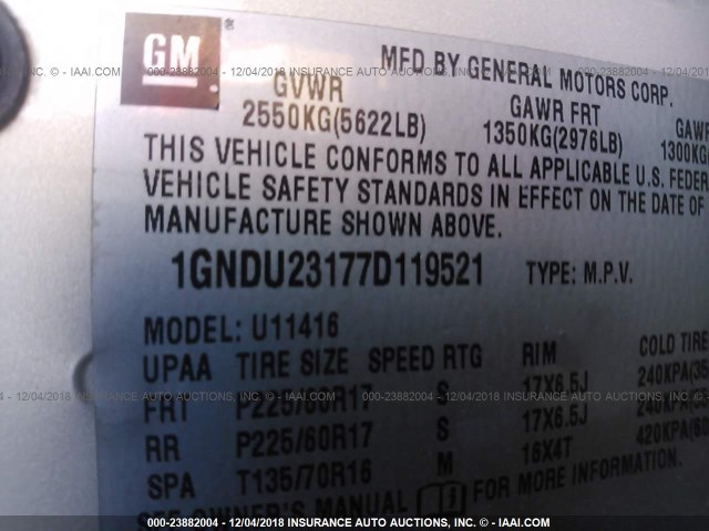 1GNDU23177D119521 - 2007 CHEVROLET UPLANDER LS BEIGE photo 9