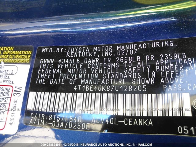 4T1BE46K87U128205 - 2007 TOYOTA CAMRY NEW GENERAT CE/LE/XLE/SE BLUE photo 9