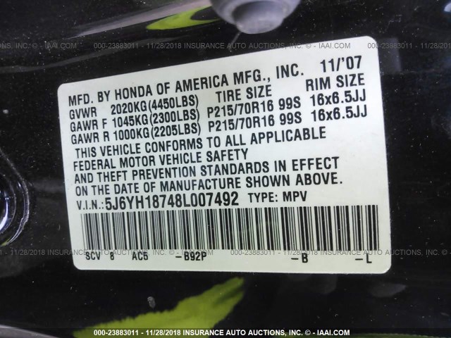 5J6YH18748L007492 - 2008 HONDA ELEMENT EX BLACK photo 9