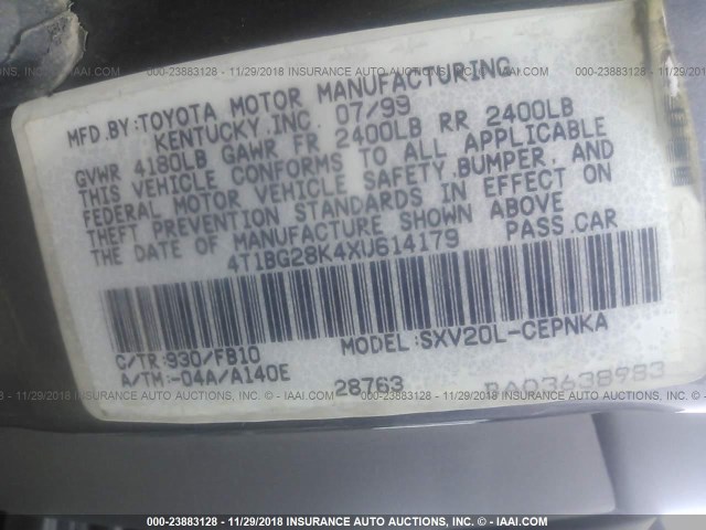 4T1BG28K4XU614179 - 1999 TOYOTA CAMRY CE/LE/XLE 灰色 照片 9