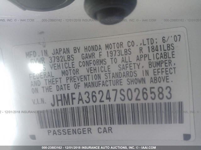 JHMFA36247S026583 - 2007 HONDA CIVIC HYBRID WHITE photo 9