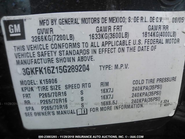 3GKFK16Z15G289204 - 2005 GMC YUKON XL K1500 BLACK photo 9