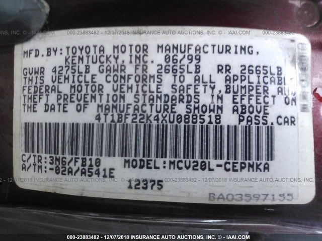 4T1BF22K4XU088518 - 1999 TOYOTA CAMRY LE/XLE MAROON photo 9