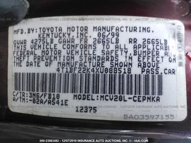 4T1BF22K4XU088518 - 1999 TOYOTA CAMRY LE/XLE Tünd qırmızı foto 9