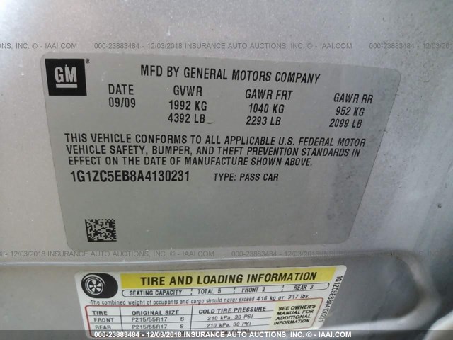 1G1ZC5EB8A4130231 - 2010 CHEVROLET MALIBU 1LT 银色 照片 9