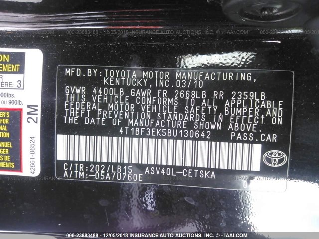 4T1BF3EK5BU130642 - 2011 TOYOTA CAMRY SE/LE/XLE 黑色 照片 9