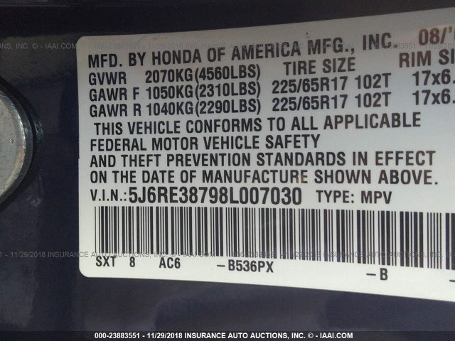 5J6RE38798L007030 - 2008 HONDA CR-V EXL BLUE photo 9