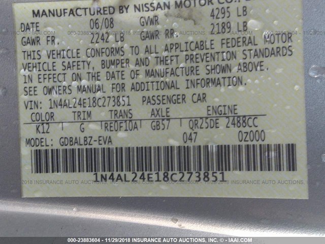 1N4AL24E18C273851 - 2008 NISSAN ALTIMA 2.5S SILVER photo 9