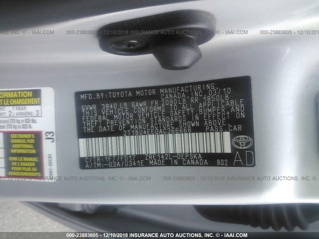 2T1BU4EE0AC366668 - 2010 TOYOTA COROLLA S/LE/XLE SILVER photo 9