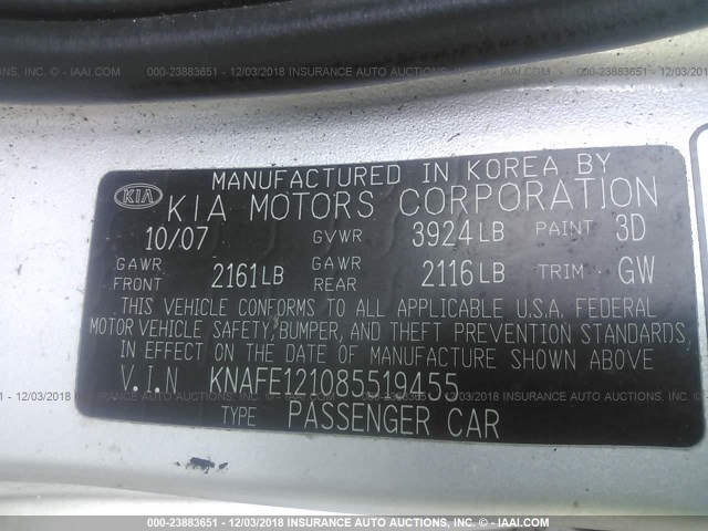 KNAFE121085519455 - 2008 KIA SPECTRA EX/LX/SX SILVER photo 9