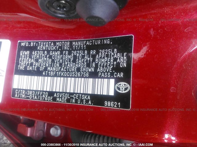 4T1BF1FK0CU526756 - 2012 TOYOTA CAMRY SE/LE/XLE RED photo 9