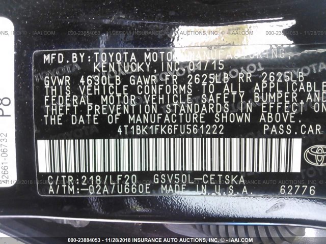 4T1BK1FK6FU561222 - 2015 TOYOTA CAMRY XSE/XLE Qara foto 9