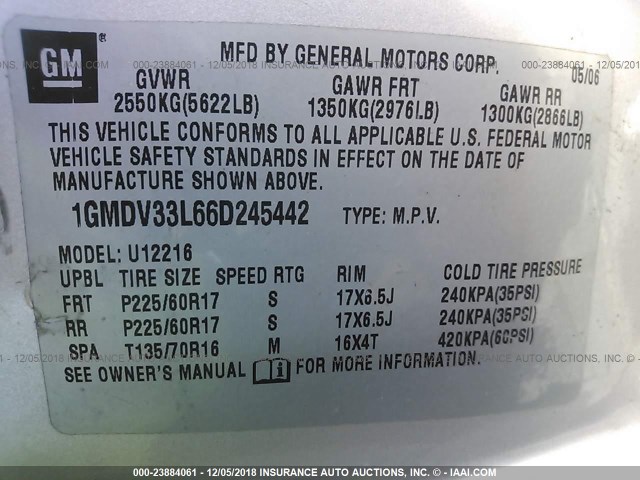 1GMDV33L66D245442 - 2006 PONTIAC MONTANA SV6 SILVER photo 9