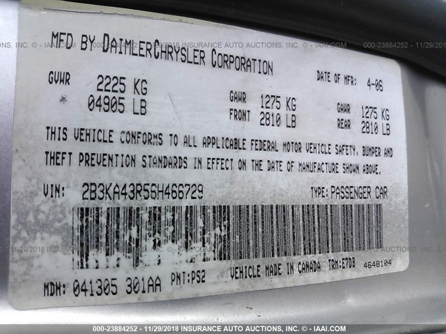 2B3KA43R56H466729 - 2006 DODGE CHARGER SE/SXT SILVER photo 9