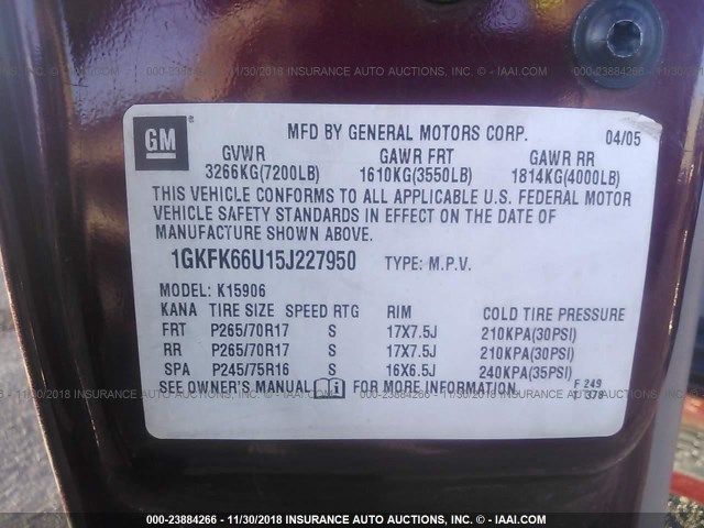 1GKFK66U15J227950 - 2005 GMC YUKON XL DENALI RED photo 9