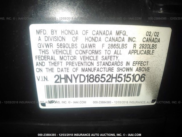 2HNYD18652H515106 - 2002 ACURA MDX TOURING BLACK photo 9