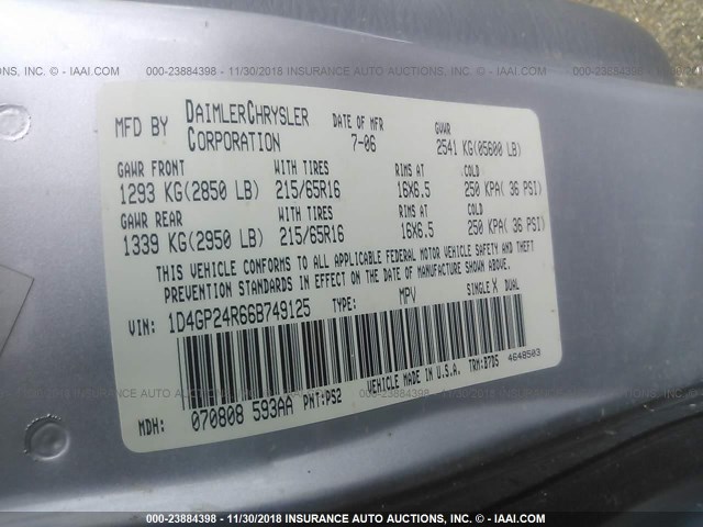 1D4GP24R66B749125 - 2006 DODGE GRAND CARAVAN SE SILVER photo 9