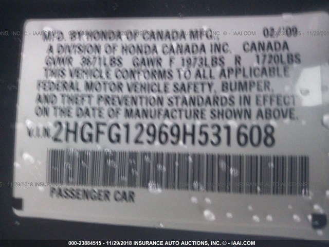 2HGFG12969H531608 - 2009 HONDA CIVIC EXL GRAY photo 9