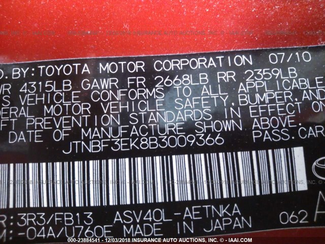 JTNBF3EK8B3009366 - 2011 TOYOTA CAMRY SE/LE/XLE RED photo 9