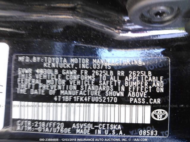 4T1BF1FK4FU052170 - 2015 TOYOTA CAMRY LE/XLE/SE/XSE BLACK photo 9