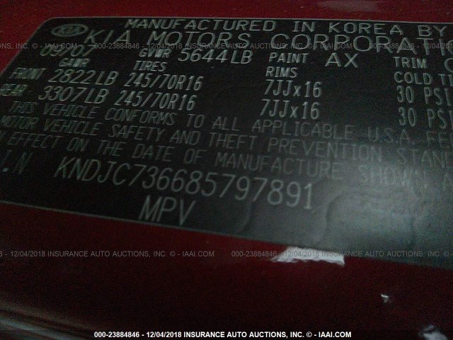 KNDJC736685797891 - 2008 KIA SORENTO EX/LX RED photo 9