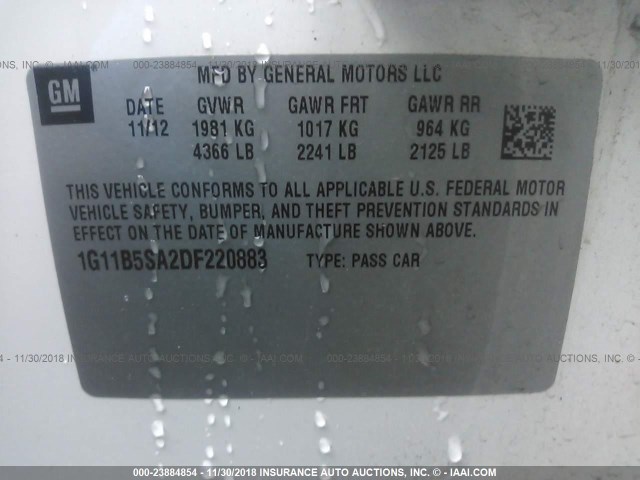 1G11B5SA2DF220883 - 2013 CHEVROLET MALIBU LS 白色 照片 9