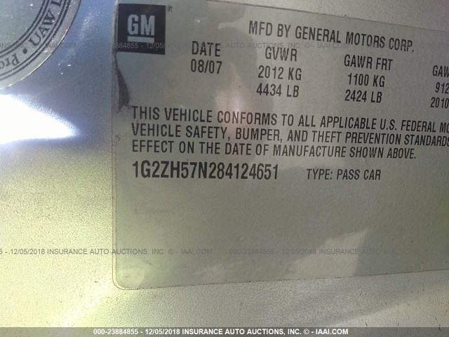 1G2ZH57N284124651 - 2008 PONTIAC G6 GT GRAY photo 9