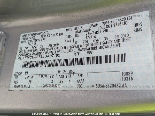 1FMCU0F73JUA07102 - 2018 FORD ESCAPE S SILVER photo 9