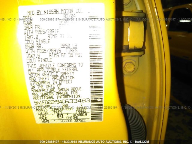 5N1ED28Y94C633483 - 2004 NISSAN XTERRA XE/SE YELLOW photo 9