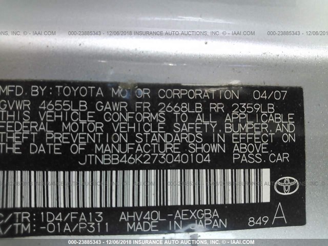 JTNBB46K273040104 - 2007 TOYOTA CAMRY NEW GENERAT HYBRID SILVER photo 9