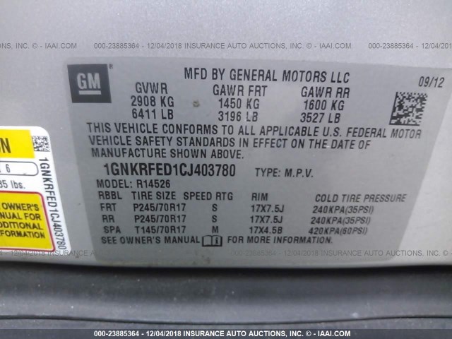 1GNKRFED1CJ403780 - 2012 CHEVROLET TRAVERSE LS SILVER photo 9