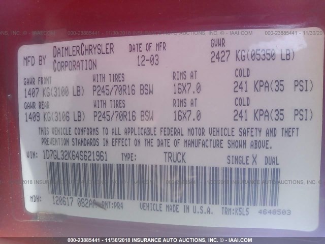 1D7GL32K64S621961 - 2004 DODGE DAKOTA SPORT RED photo 9